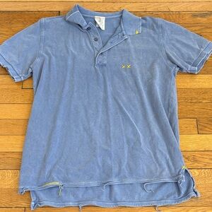 Men's Washed Blue Polo with Yellow Accent Stitching